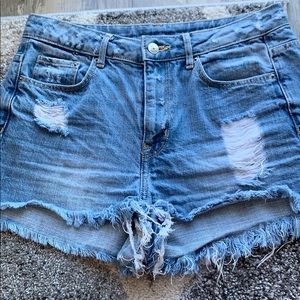 Distressed denim shorts